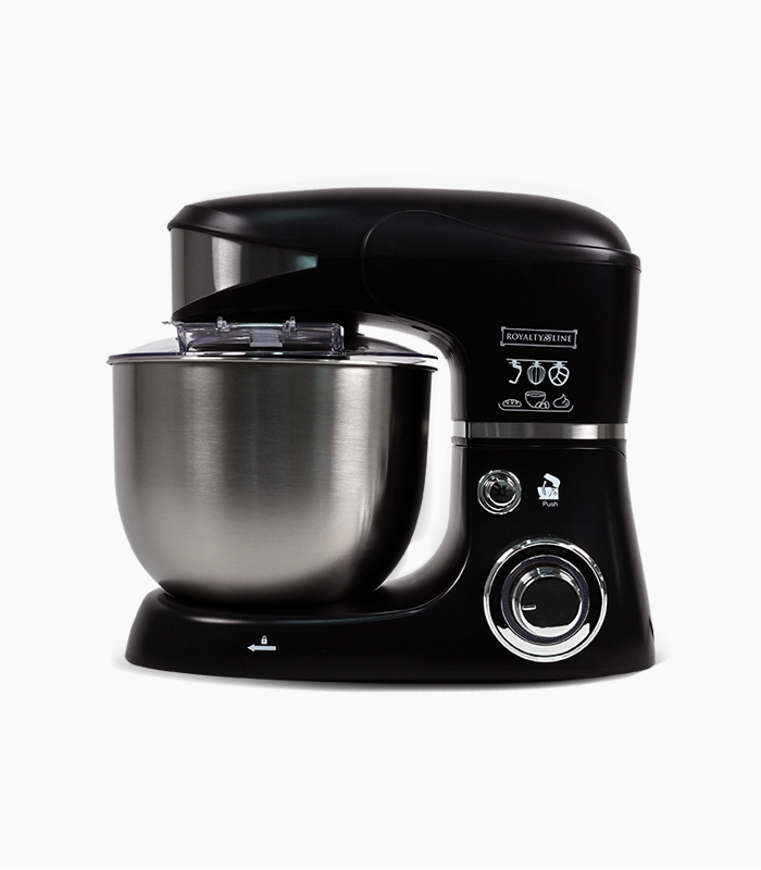 Kuhinjski robot Kuhinjski robot crne boje s metalnom posudom. Uslikan sa strane da se vide funkcije rada.