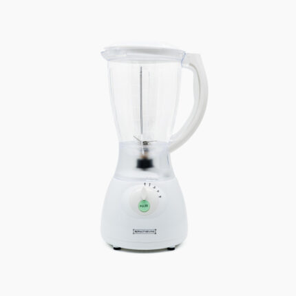 Električni blender bijele boje s providnom posudom uslikan s bične strane.